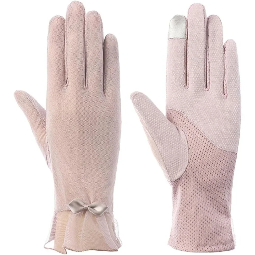 Women's Stylish Bow Short Lace Pink Gloves Fabric Design Summer Protection